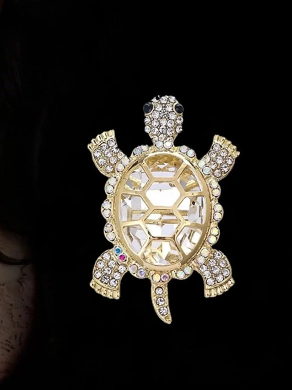 Gold-Tone Turtle Brooch with Clear Crystal Shell